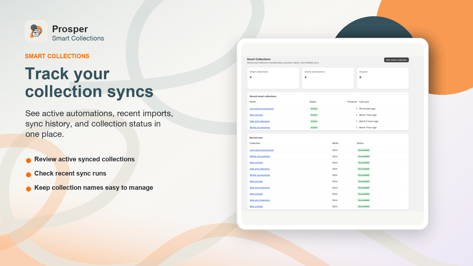 Dashboard showing active collections and successful syncs.