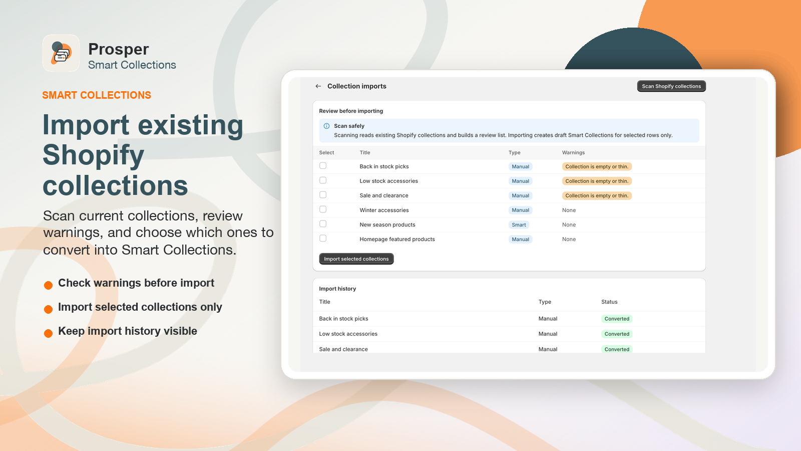 Import review with warnings before creating draft collections.